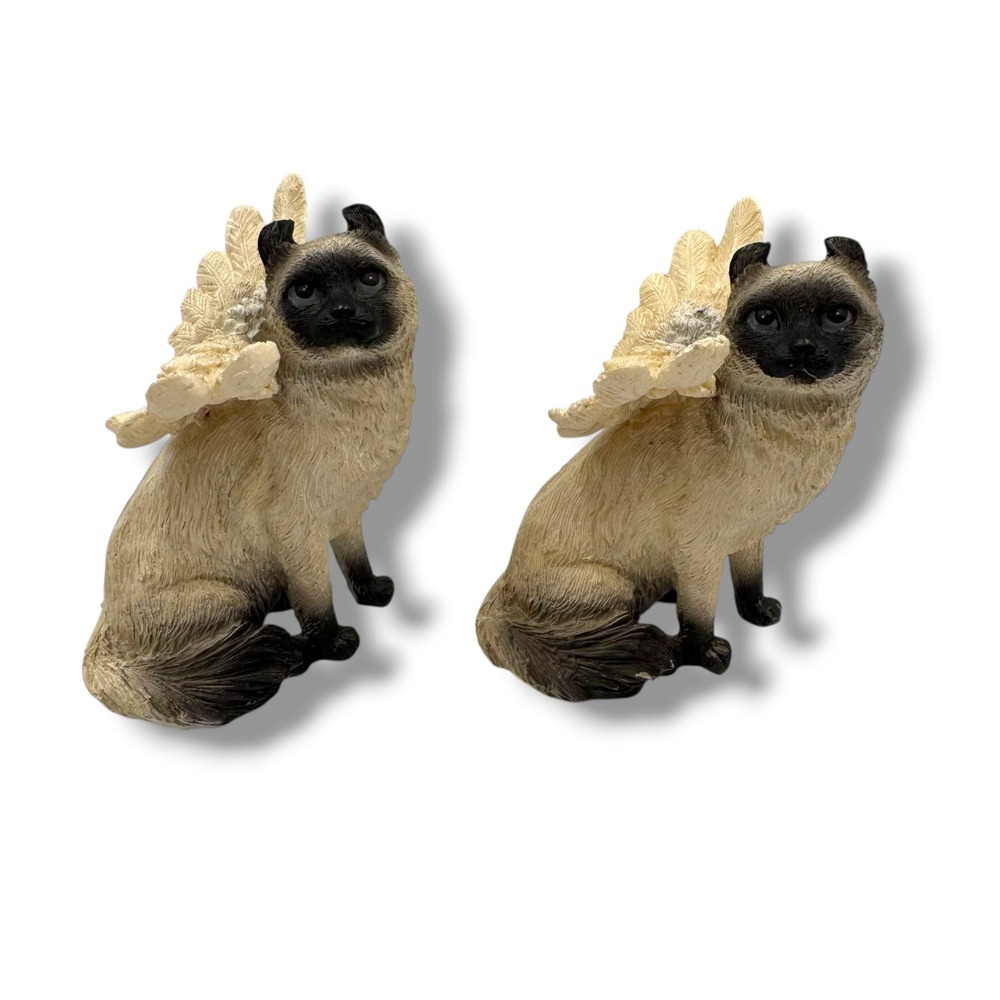 Siamese Cat Angel Figurines Set of 2 Tan Black Resin Memorial Decor - Picture 1 of 7